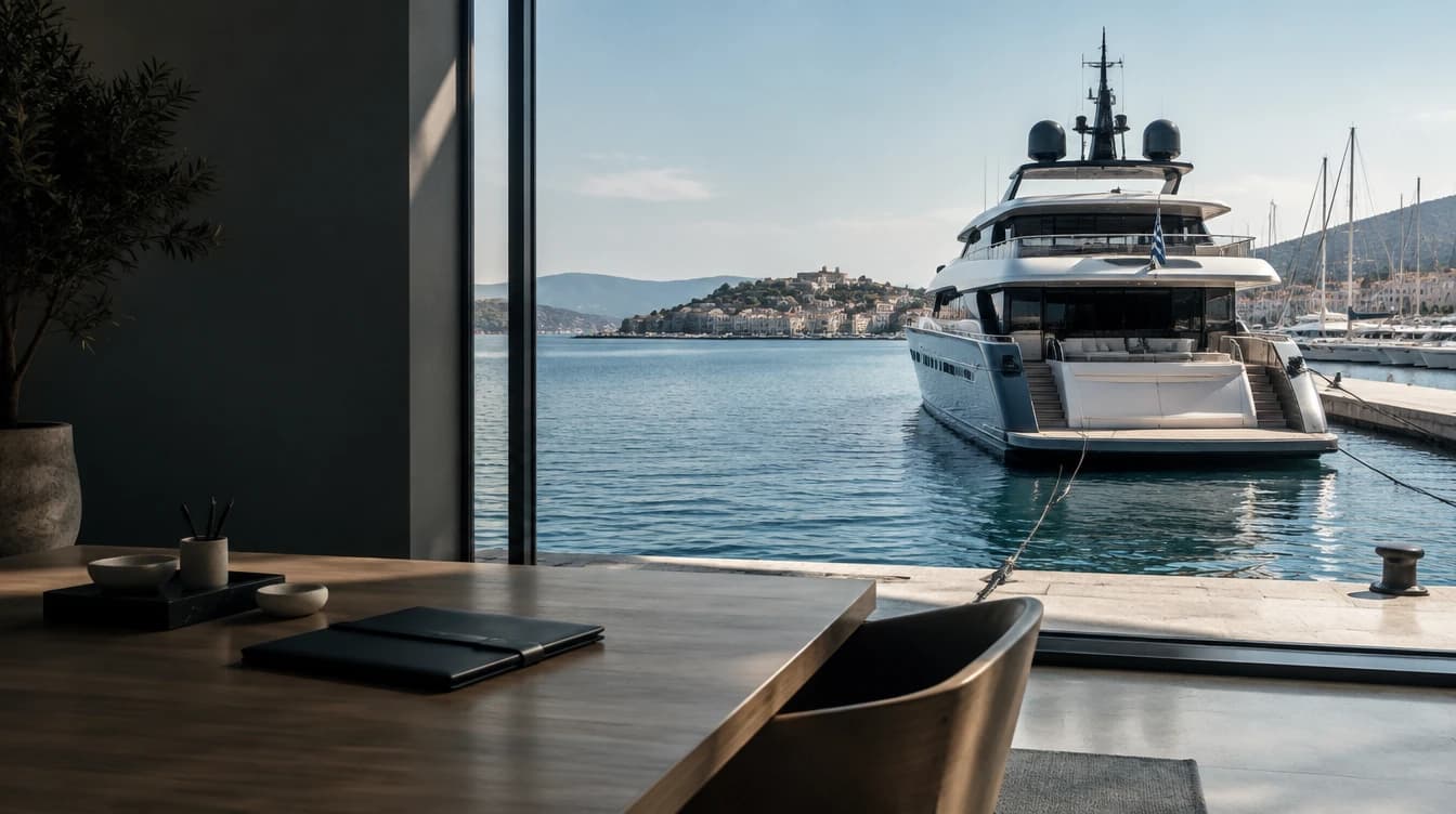 Yacht seen from a Mediterranean brokerage office, created with Higgsfield