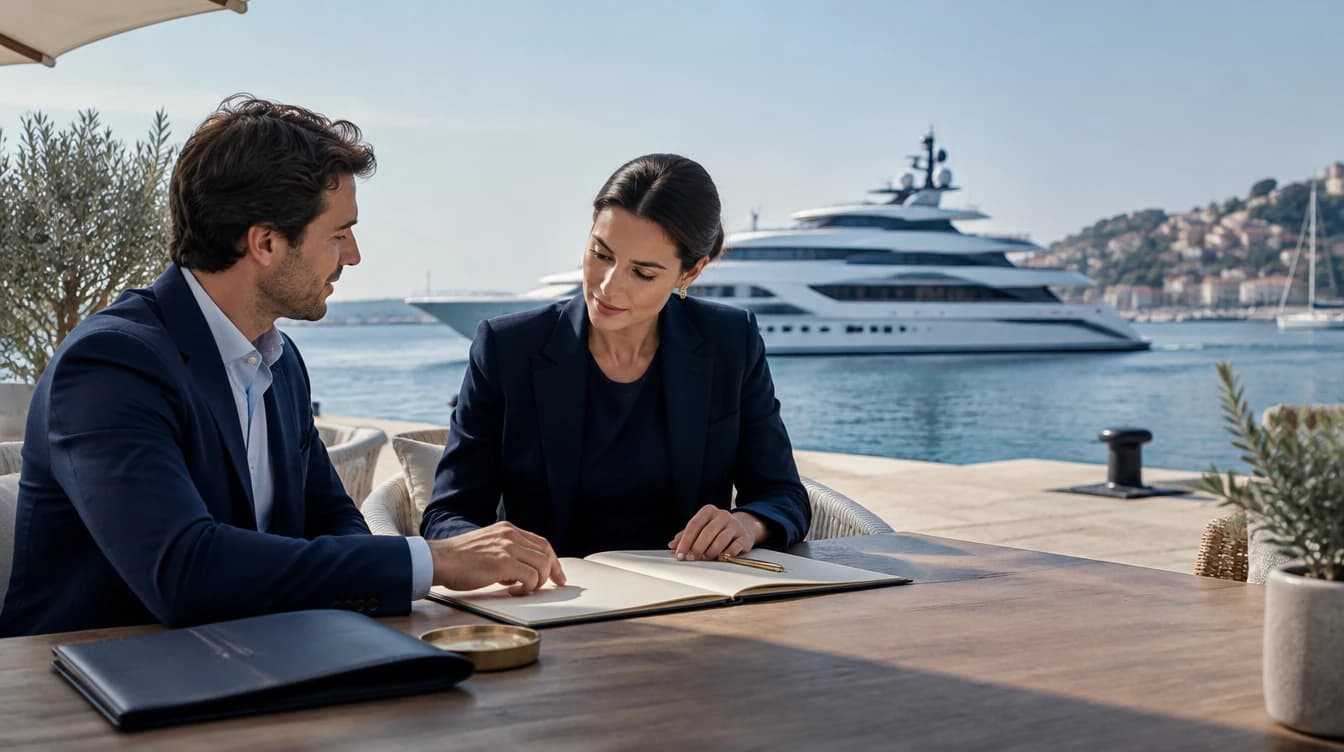 Maritime professionals discussing a yacht viewing, created with Higgsfield