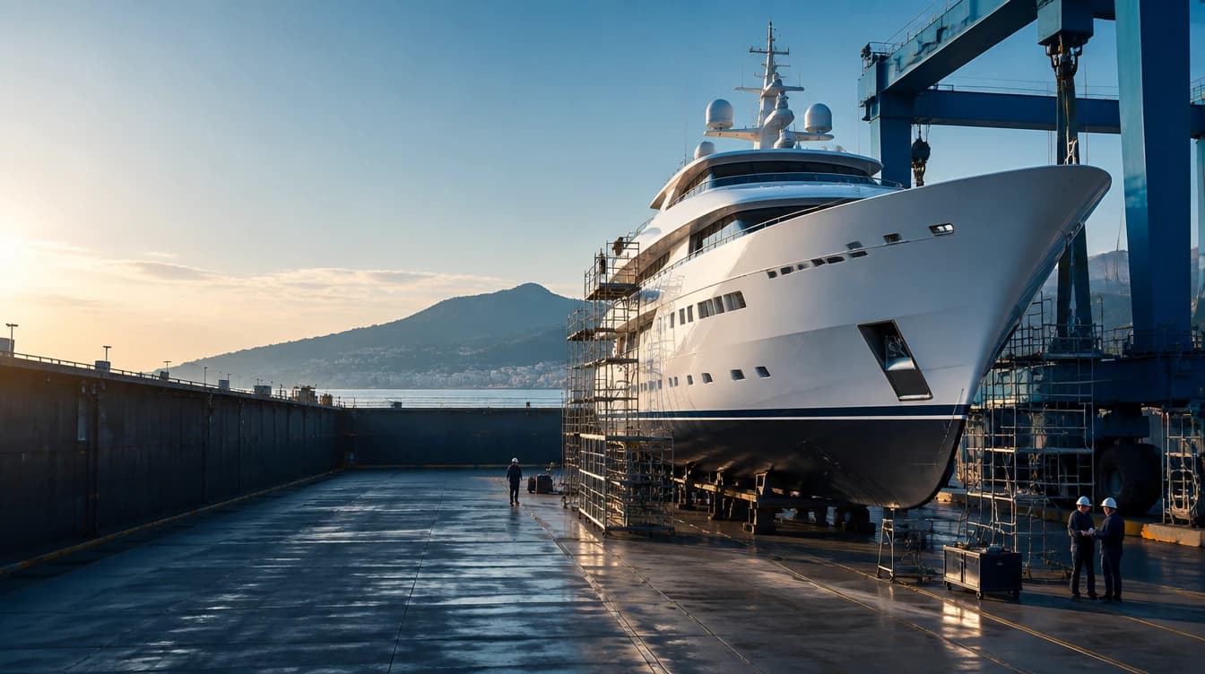 Superyacht in a Mediterranean dry dock, created with Higgsfield
