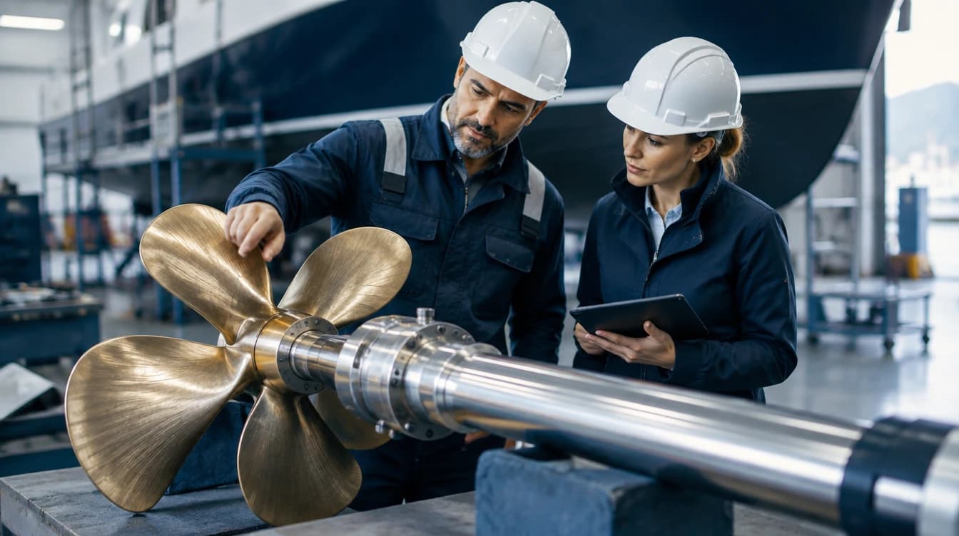 Marine engineers inspecting a propeller during a refit, created with Higgsfield