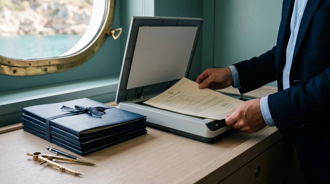 A vessel certificate being prepared for digital capture