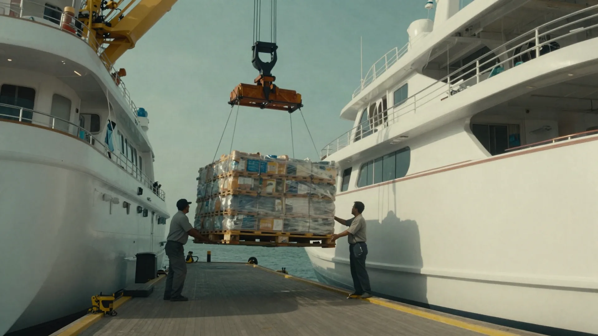 A crane lowers a provisioning pallet onto the quay beside a superyacht