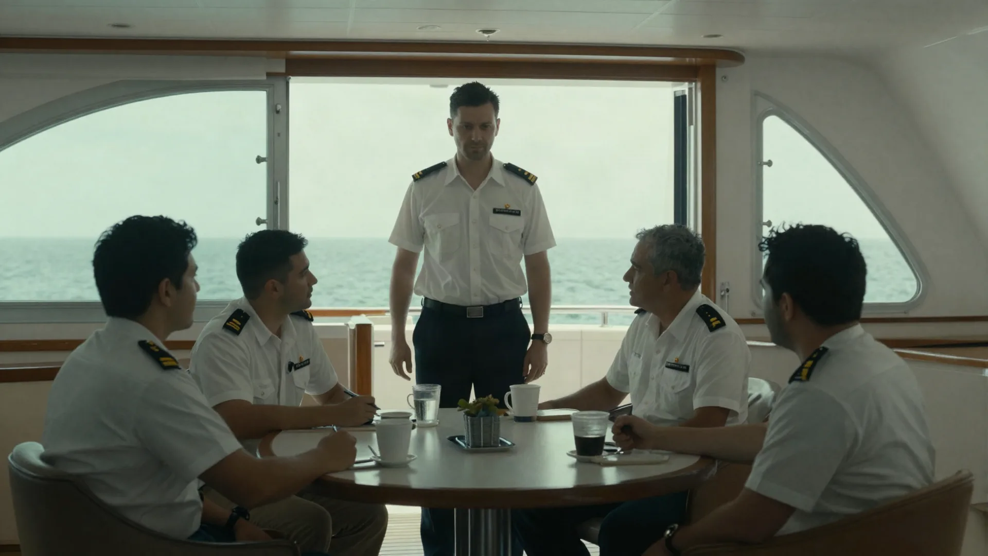 Crew briefing on deck before departure