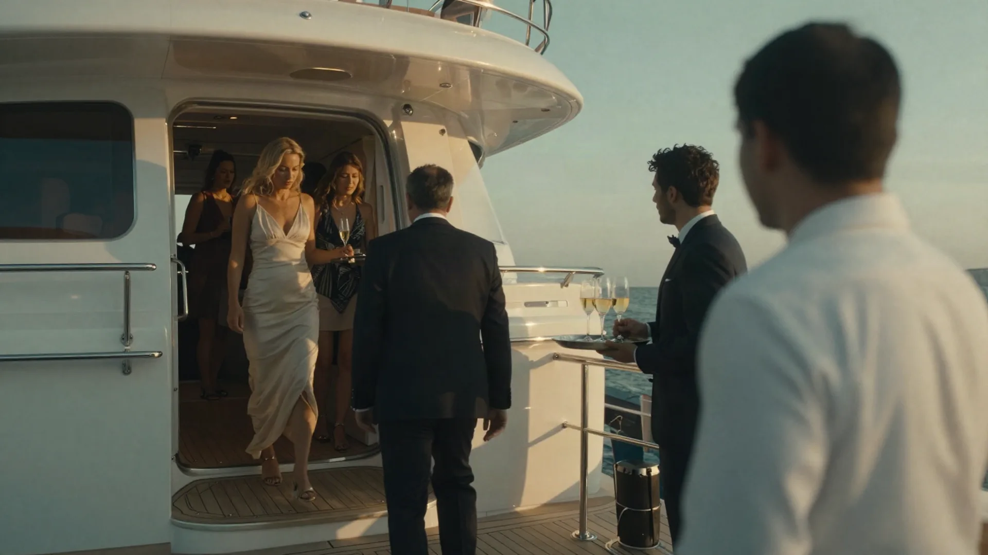 Charter guests stepping aboard a superyacht at golden hour, greeted by crew