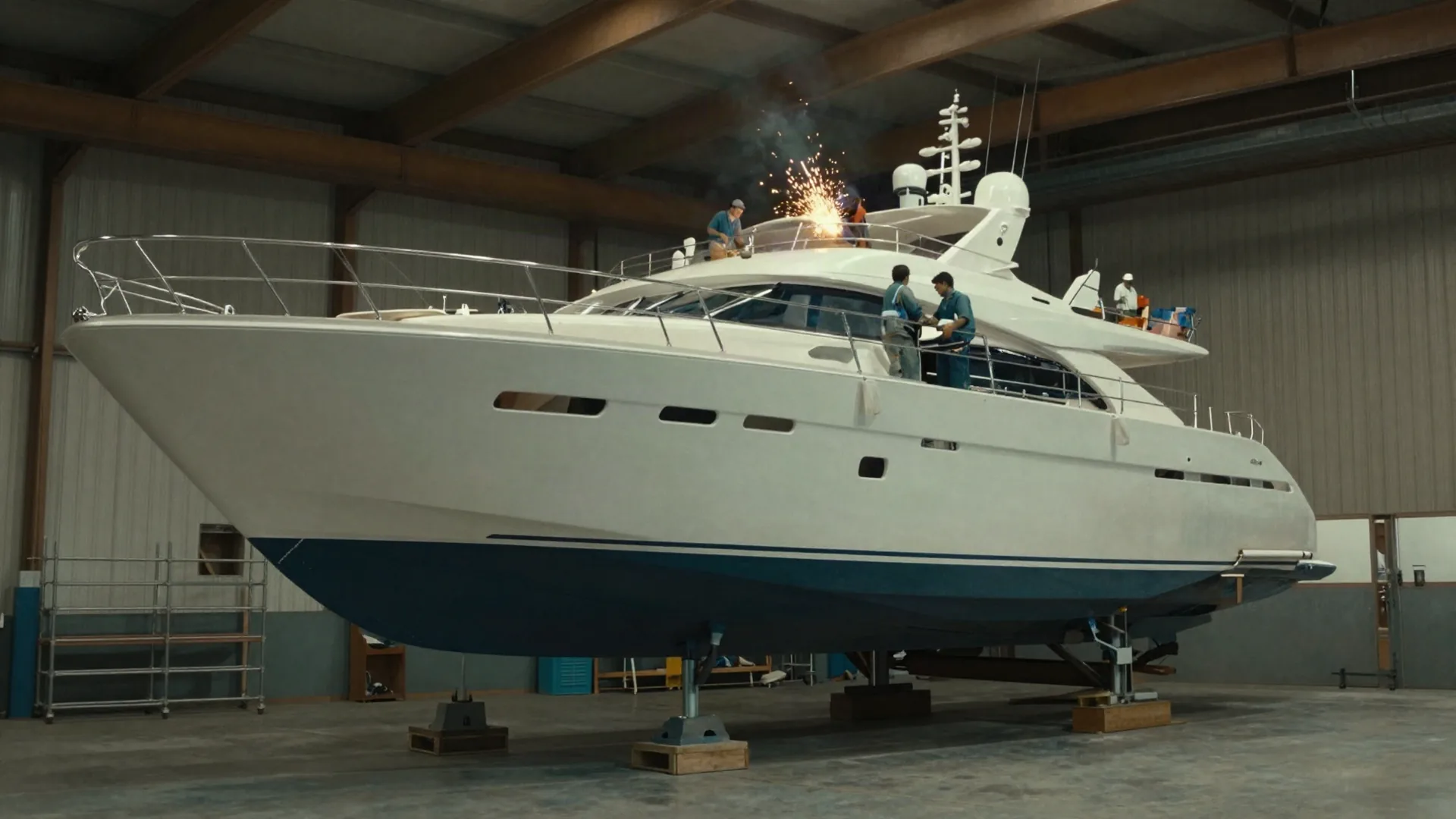 A superyacht standing in the refit shed