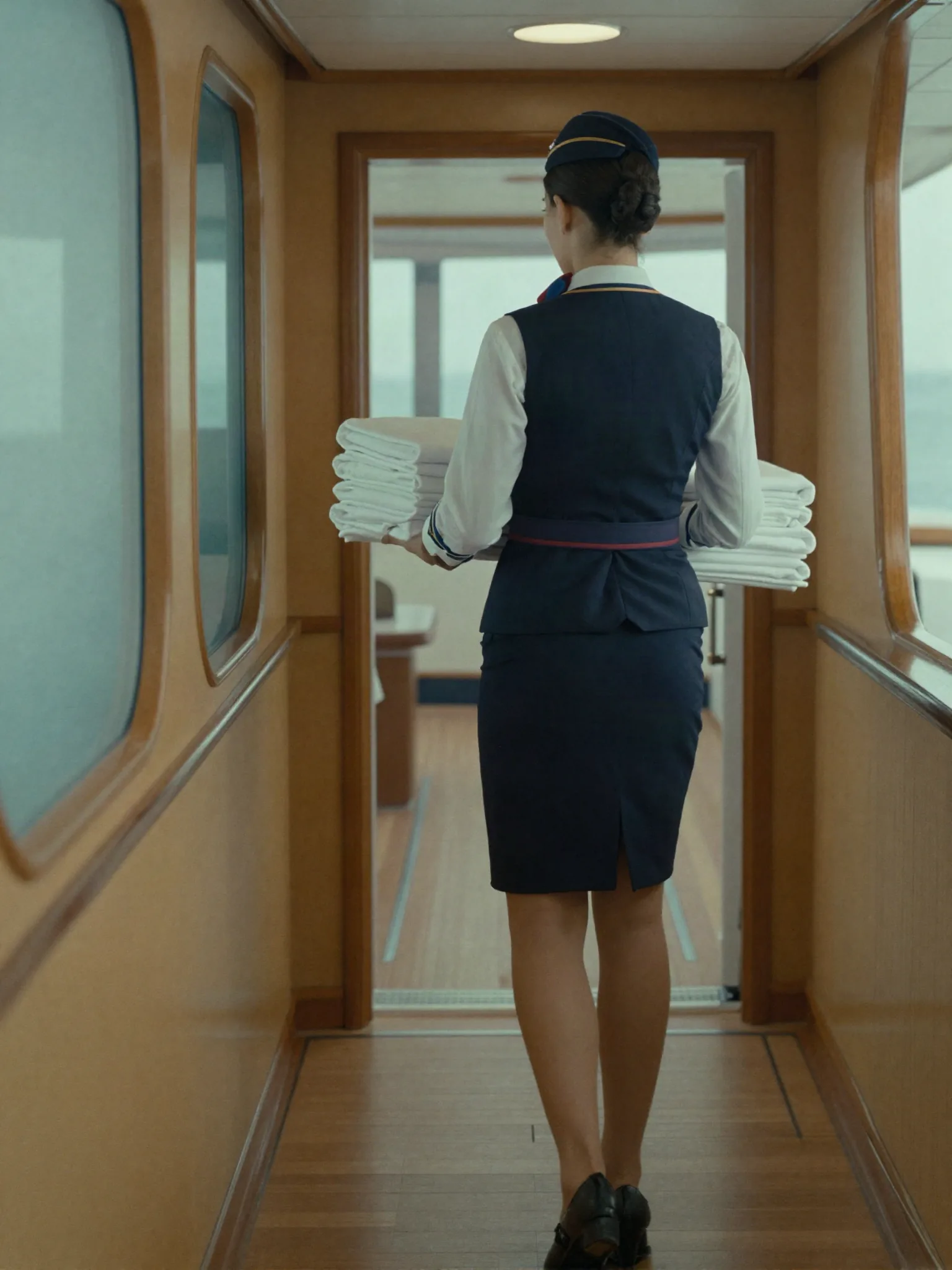Stewardess carrying pressed linens along a superyacht corridor