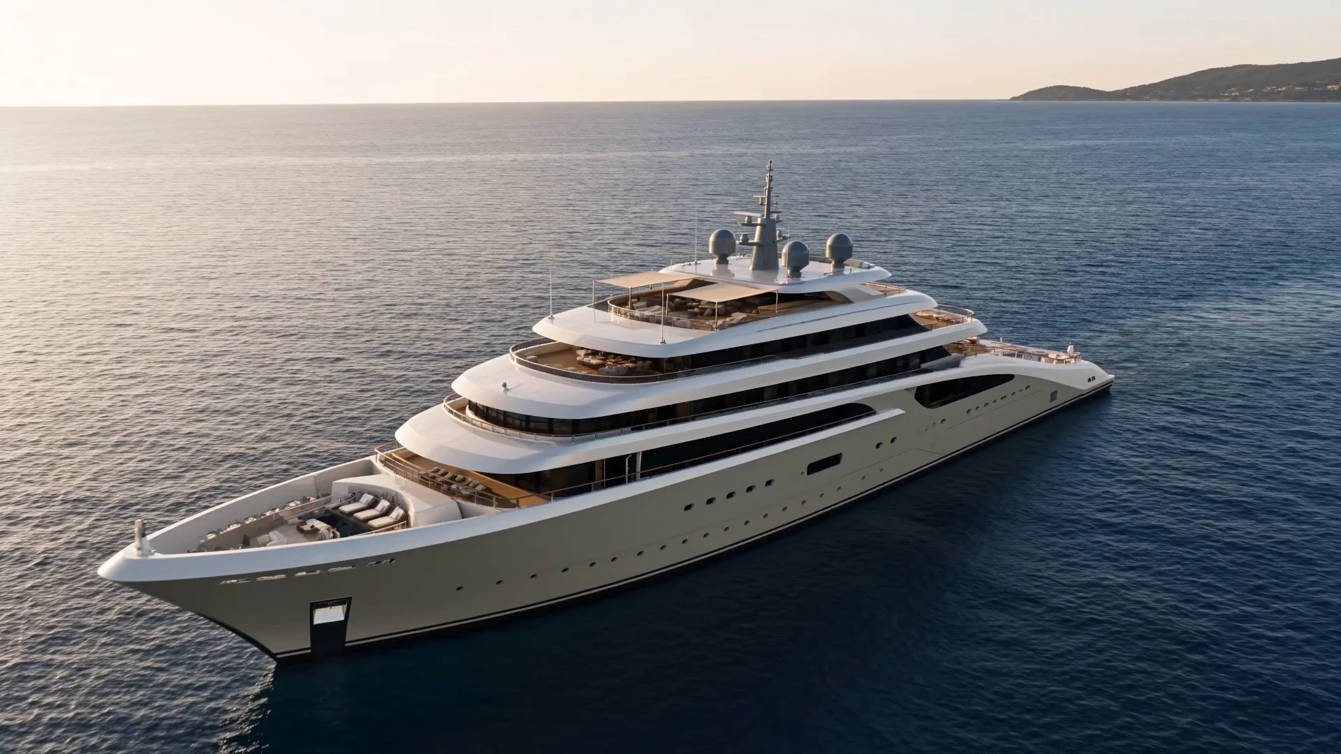 An aerial approach to a large luxury yacht anchored in the Mediterranean